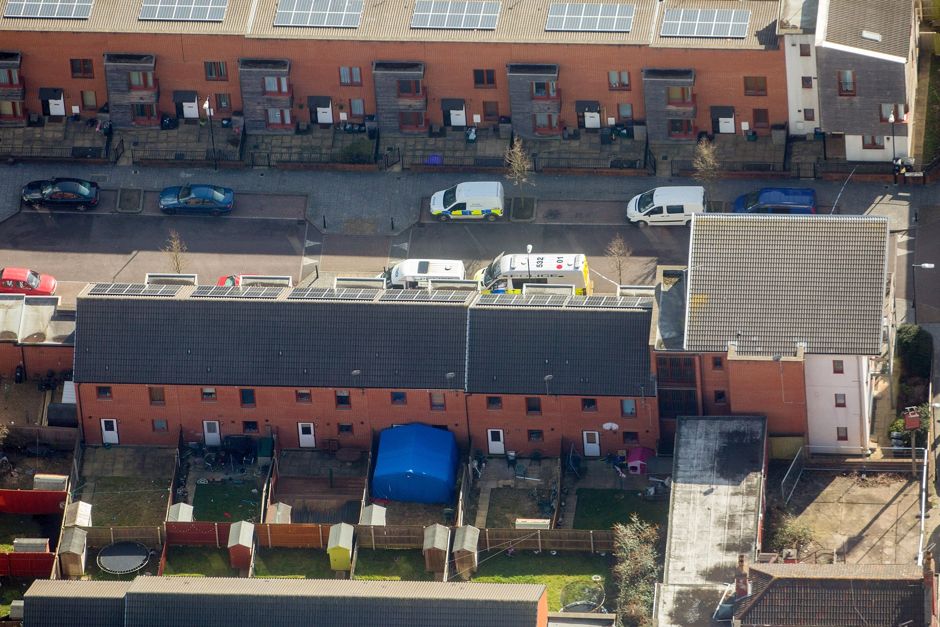 A police forensics tent at a house being searched in Barton Hill, Bristol