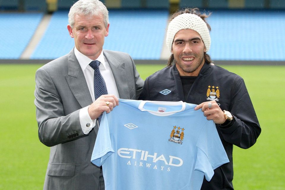 Mark Hughes presents Carlos Tevez to Manchester City 