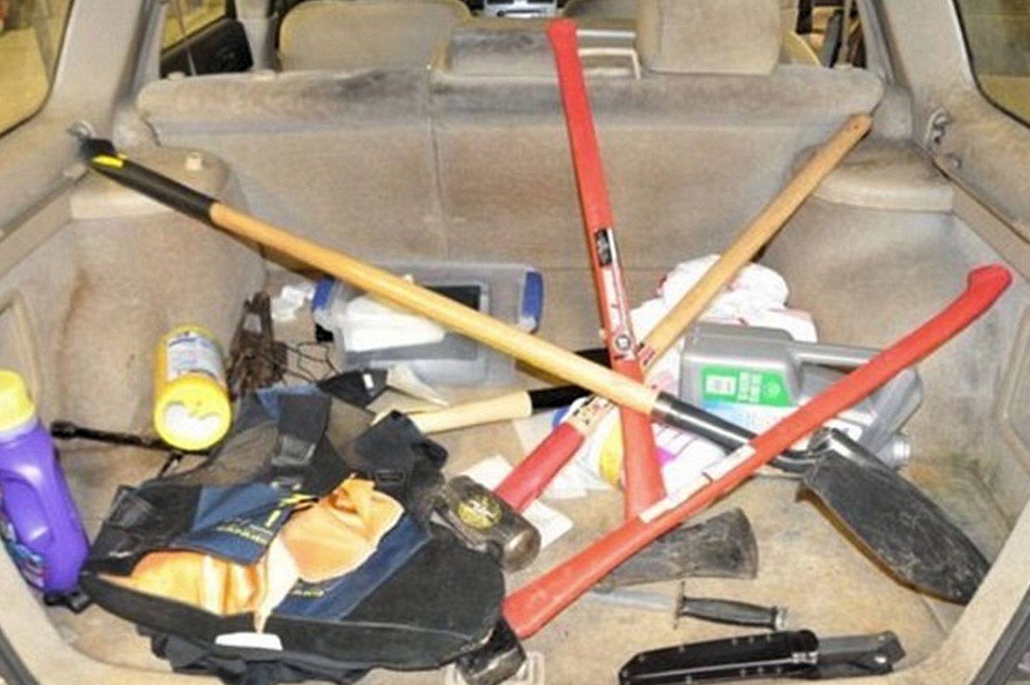 The contents of Falls' car, including bleach,  axes, shovels and a sledgehammer,  told a terrifying story