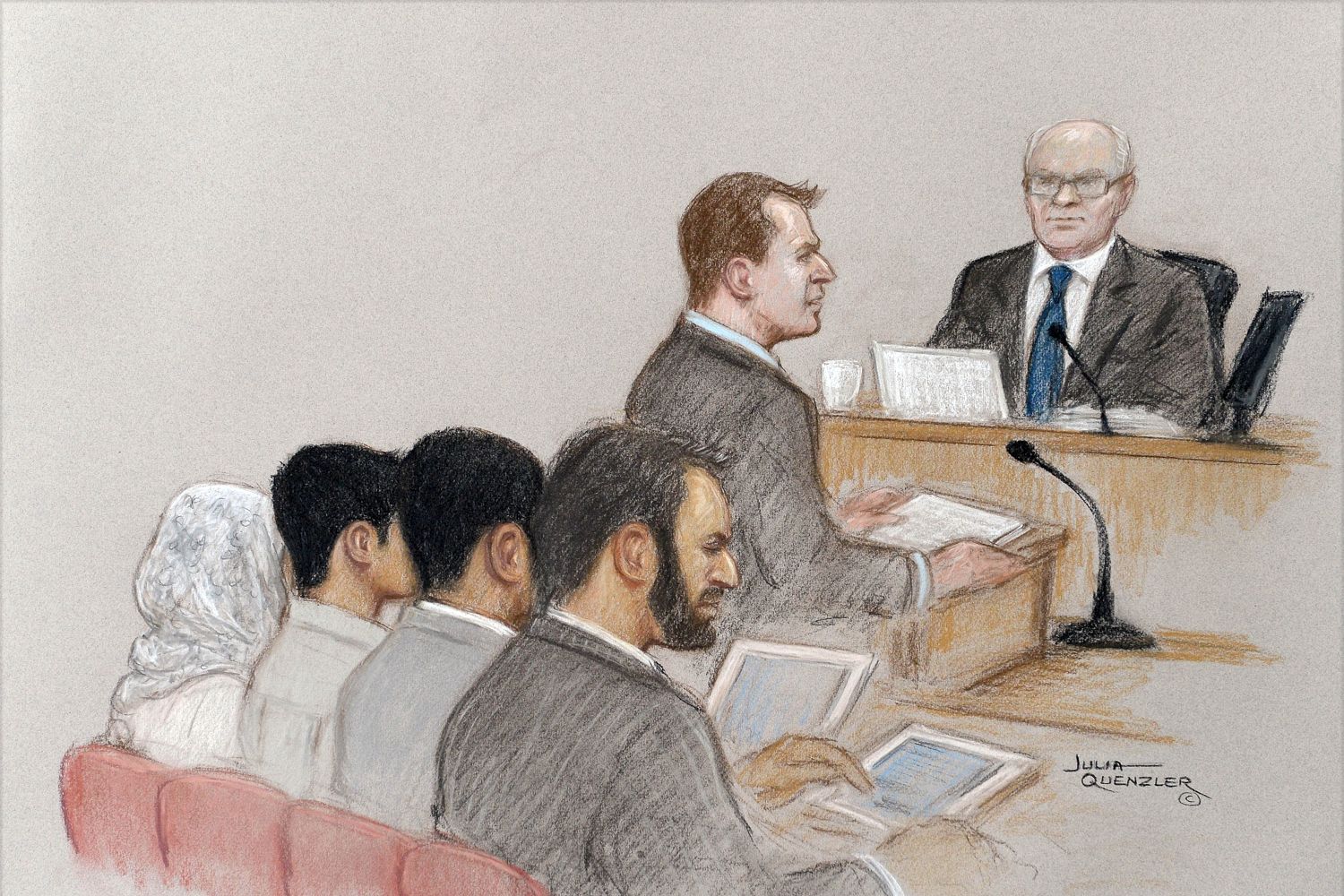 Court sketch ... teen terrorist, second from left, with parents and solicitor