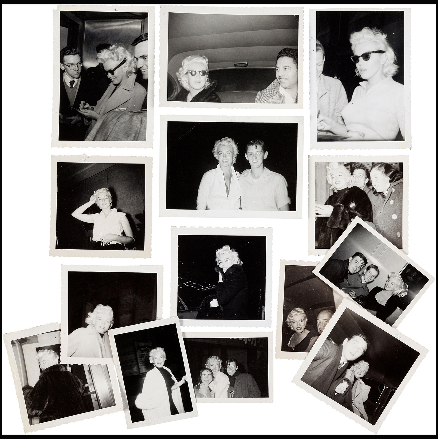 Pic: HeritageAuctions/BNPS A rare group of black and white images of Marilyn Monroe, circa 1955-1956. A trove of rare and never-seen-before snapshots of Hollywood legend Marilyn Monroe have emerged for sale from the collection of a superfan who spent years following the star. The collection of 183 pictures of the pin up were all taken around New York in the mid-1950s by superfan James Collins, a teenager who was a member of the 'Monroe 6'. The youngsters were such avid fans Monroe ended up knowing them all by name and allowed them special access to her to take countless photos and signed numerous autographs. Collins is now auctioning the 183 photos in 18 lots through Heritage Auctions in Dallas, Texas.