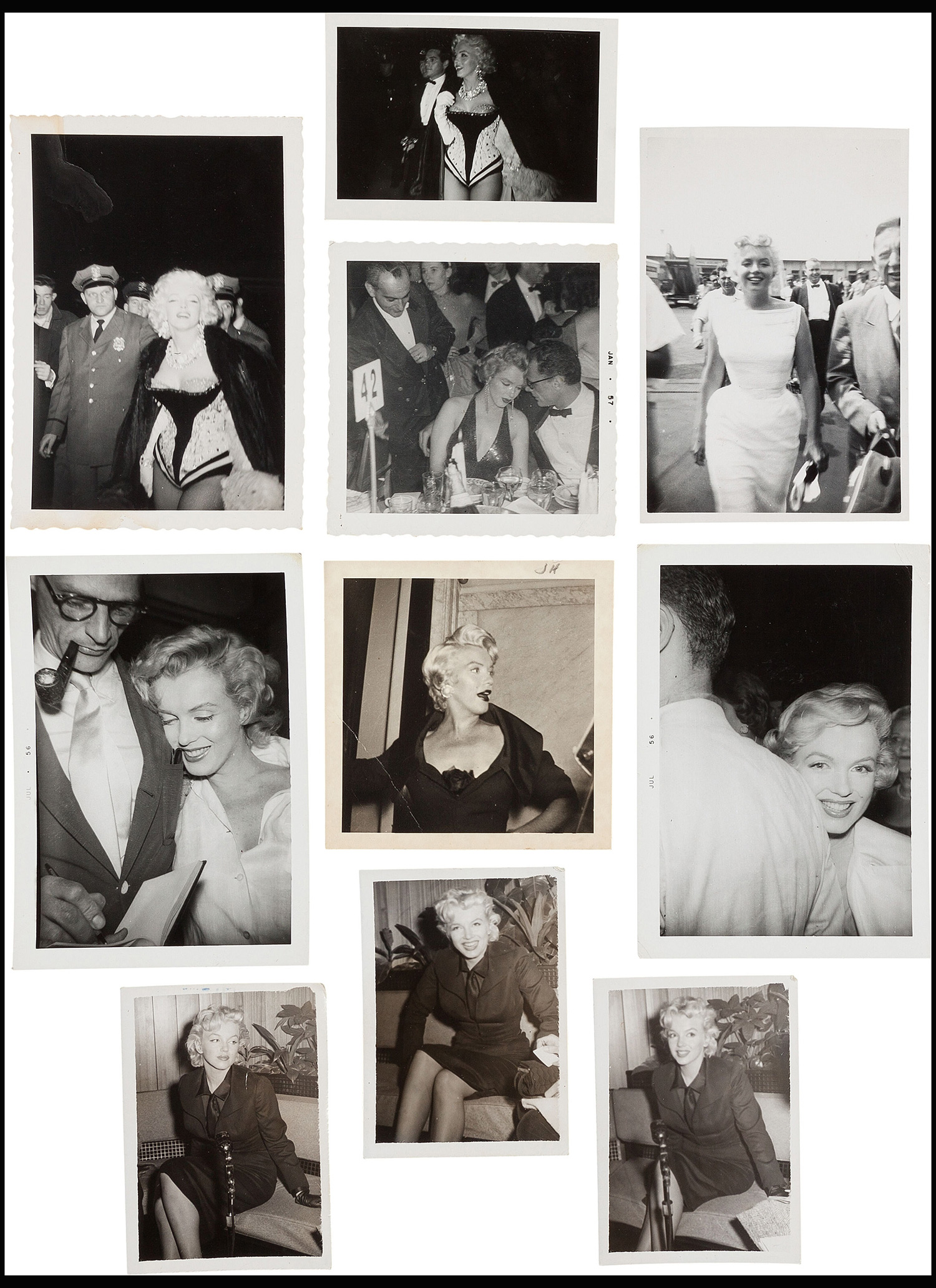 Pic: HeritageAuctions/BNPS A rare group of black and white images of Marilyn Monroe at various public events including seven with her then-husband, Arthur Millerin. A trove of rare and never-seen-before snapshots of Hollywood legend Marilyn Monroe have emerged for sale from the collection of a superfan who spent years following the star. The collection of 183 pictures of the pin up were all taken around New York in the mid-1950s by superfan James Collins, a teenager who was a member of the 'Monroe 6'. The youngsters were such avid fans Monroe ended up knowing them all by name and allowed them special access to her to take countless photos and signed numerous autographs. Collins is now auctioning the 183 photos in 18 lots through Heritage Auctions in Dallas, Texas.