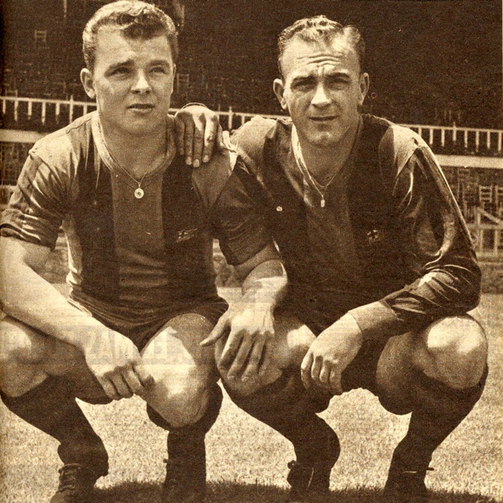  An extremely rare photograph of Alfredo Di Stefano in a Barcelona shirt, alongside Laszlo Kubala