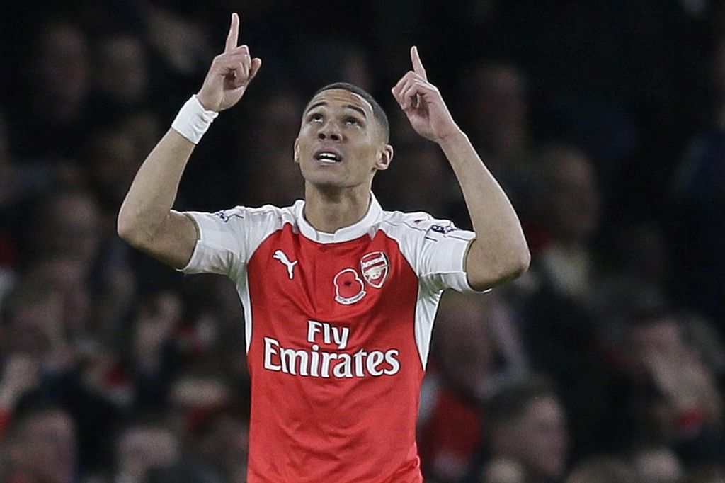 Kieran Gibbs celebrates his goal against Tottenham — a rare highlight this season