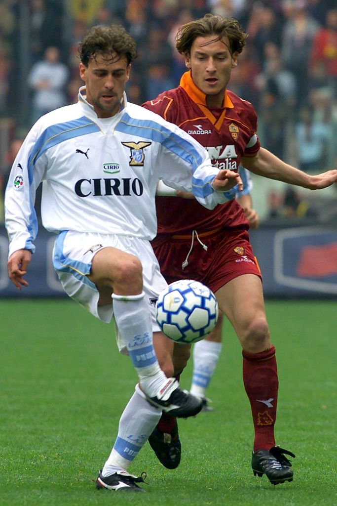 Francesco Totti in action during a Roma-Lazio derby back in March 2000 