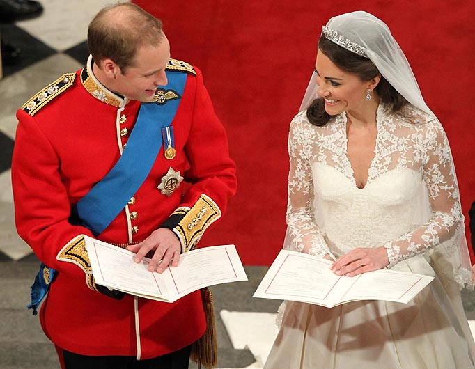 Prince William and Kate Middleton during their wedding service at Westminster Abbey, London.