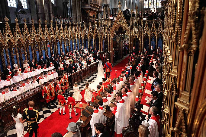 Prince William and his new bride Kate, Duchess of Cambridge, walk down the aisle of Westminster Abbey, London, following their marriage.