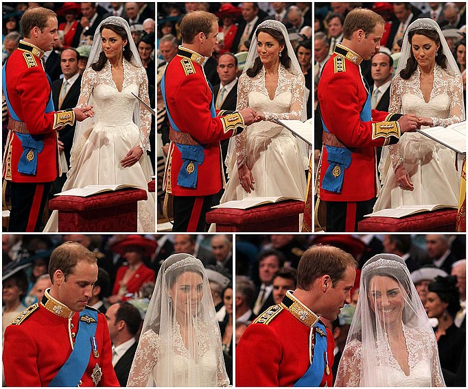 Combo picture shows Britain's Prince William putting the ring on Kate, Duchess of Cambridge finger during their wedding ceremony at Westminster Abbey in London on April 29, 2011.