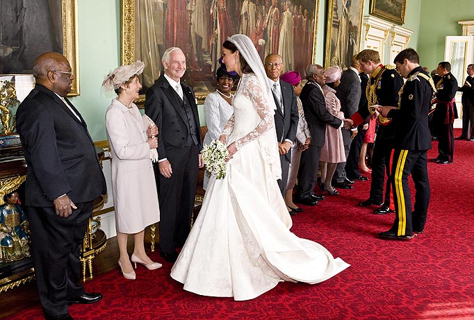 Kate Middleton, who has been given the title The Duchess of Cambridge meets Governor-General of Canada H.E the Rt Hon David Johnston and Mrs Sharon Johnston at Buckingham Palace in London after her wedding to Prince William.