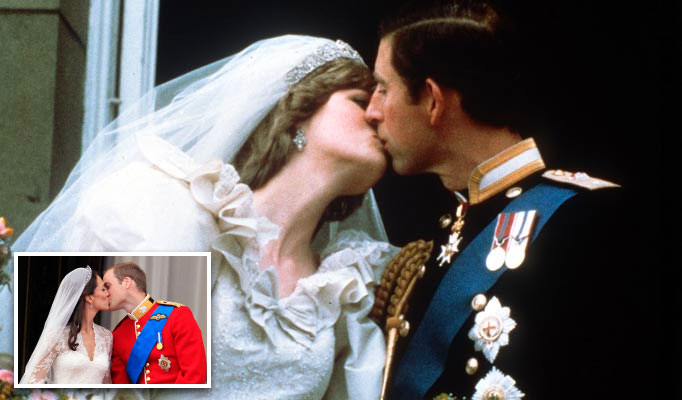 The Prince and Princess of Wales kiss on the balcony of Buckingham Palace after their wedding. ... Charles & Di - Balcony kiss ... 29-07-1982