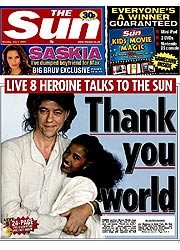 Front and back page of The Sun early edition dated 04.07.2005 with the headline Thank You World. Pictured are Saskia Howard Clarke, Bob Geldof, and Birhan Woldu.