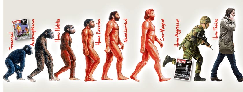 Stages of life, (l to r) Proconsul, Australopithecus, Homo Habilis, Homo Erectus, Neanderthal, Cro-Magnon, Homo Aggressor and Homo Techno