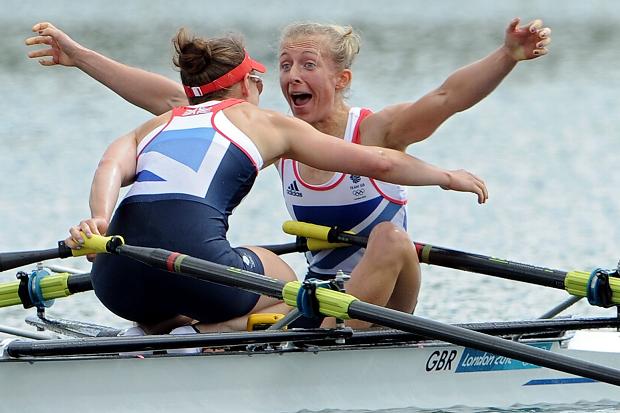 Katherine Copeland and Sophie Hosking of Great Britain celebrate winning gold in the Lightweight Women's Double Sculls