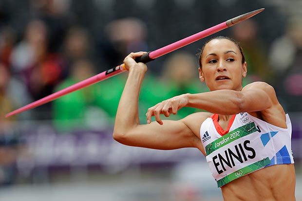 Britain's Jessica Ennis takes a throw in the javelin heptathlon during the athletics in the Olympic Stadium at the 2012 Summer Olympics, London,