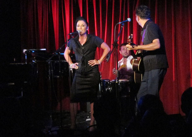 Jessie Wallace takes to the stage in 40's costume to perform with her boyfriend Tim Arnold as The Soho Hobo at the Dean St Theatre, Soho,London