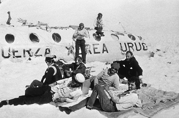 Members of Old Christians Rugby team pose for a picture in the plane's tail on December, 1972 in Mendoza, Argentina