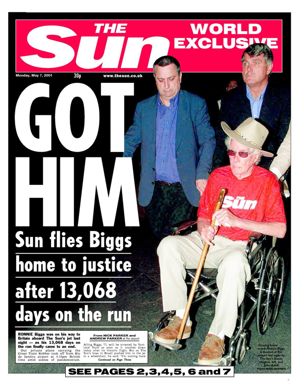 Front and back page of The Sun dated 07.05.2001 with the headline GOT HIM. Re Ronnie Biggs.