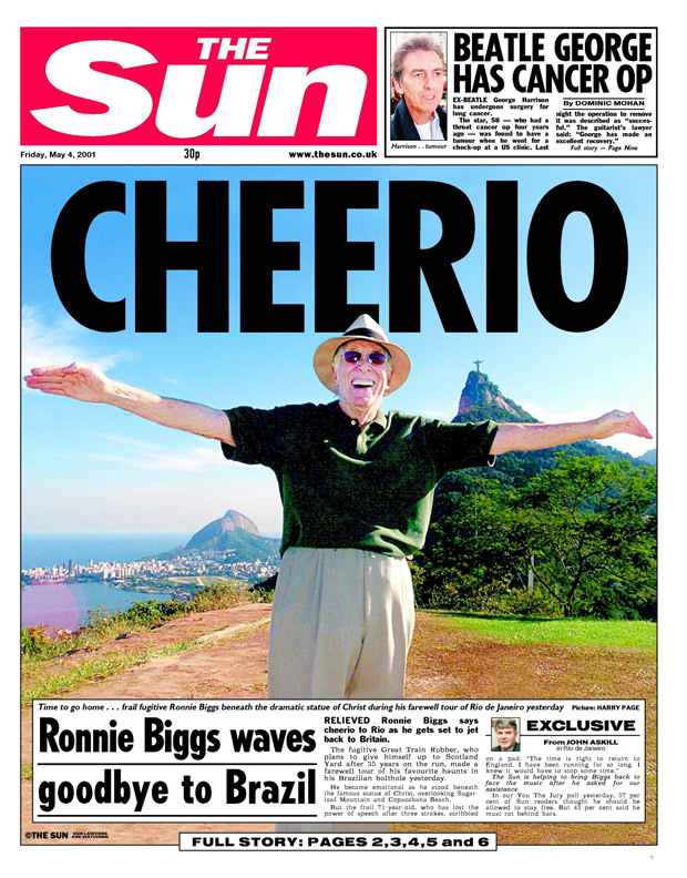 Front and back page of The Sun dated 04.05.2001 with the headline Cheerio and the photograph of Ronnie Biggs.