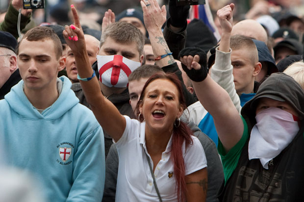 Thousands of English Defence League members and supporters march through Luton Town Centre