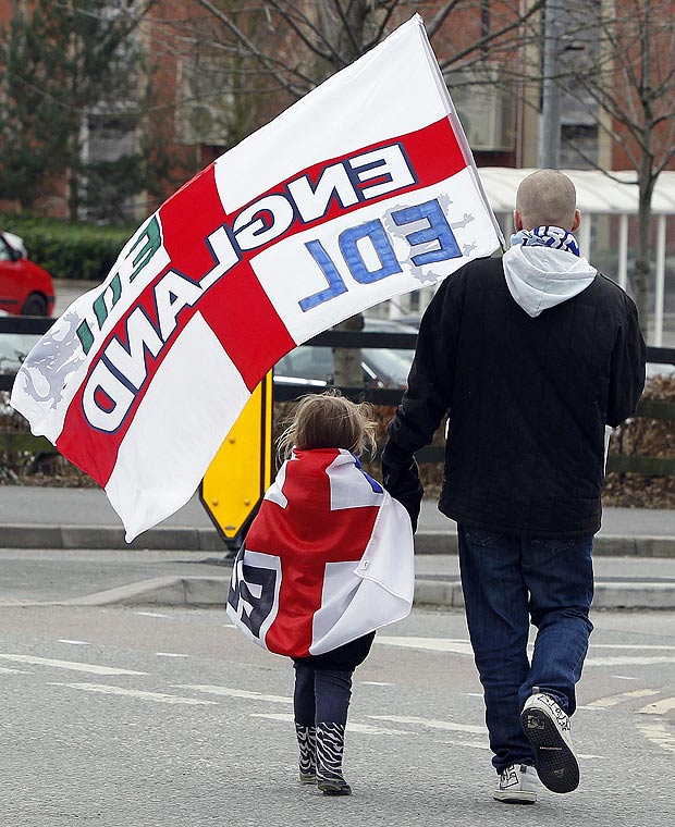 Protesters attend an English Defence League march in Hyde, Greater Manchester.