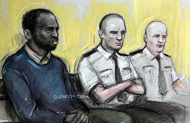 Court artist sketch by Elizabeth Cook of Nicholas Jacobs (left) at the Old Bailey in London where he is standing trial for the murder of Pc Keith Blakelock,