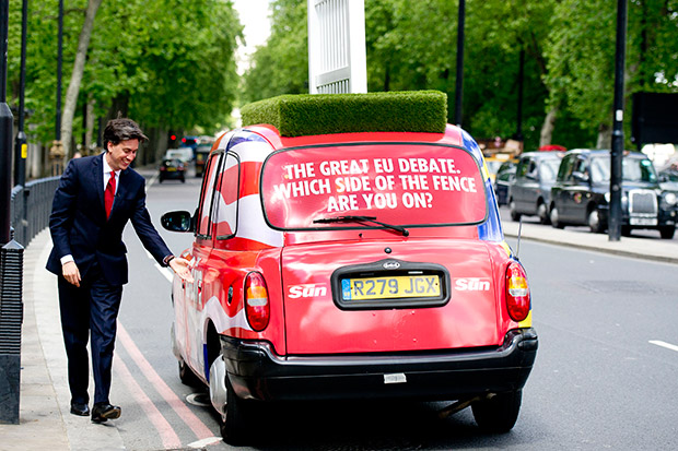 Ed Miliband in the Sun's Taxi being interviewed by Grant the Sun's cabby. Grant with Ed Miliband. Pics by Dan Charity 014-05-14