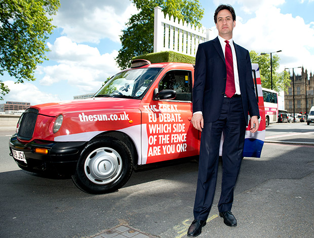 Ed Miliband in the Sun's Taxi being interviewed by Grant the Sun's cabby. Grant with Ed Miliband. Pics by Dan Charity 014-05-14