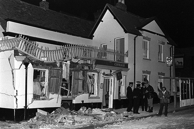 the wrecked Horse and Groom pub in Guildford which was bombed in attack by the IRA, killing seven people.