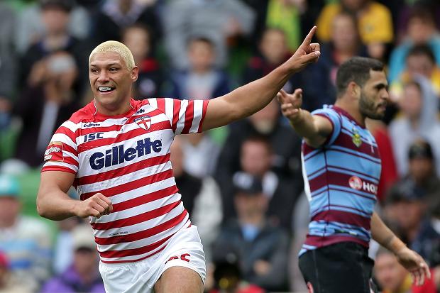 Ryan Hall celebrates his try