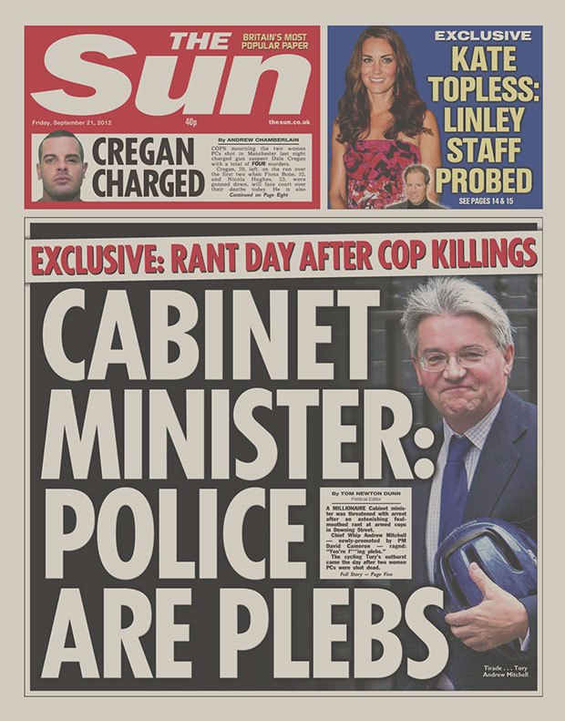 Front page of The Sun, 21.09.2012, with the headline: CABINET MINISTER: POLICE ARE PLEBS
Andrew Mitchell