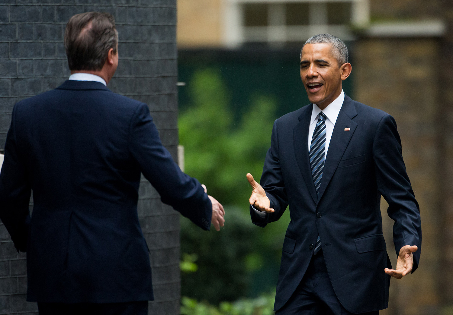 Barack Obama is greeted by Britain's Prime Minister David Cameron at Number 10 Downing Street in London, Britain April 22, 2016.