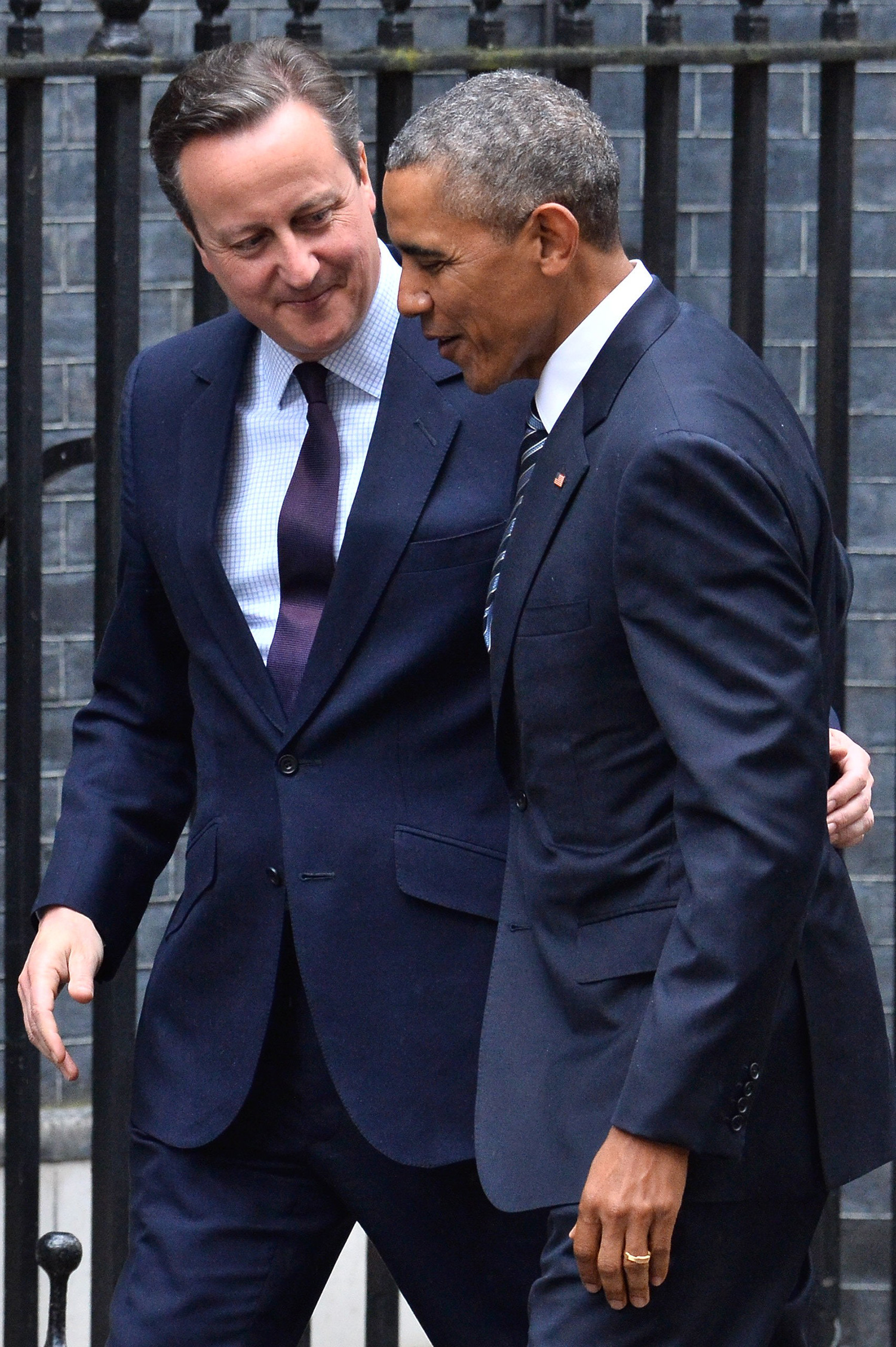 Barack Obama is greeted by Britain's Prime Minister David Cameron at Number 10 Downing Street in London, Britain April 22, 2016.