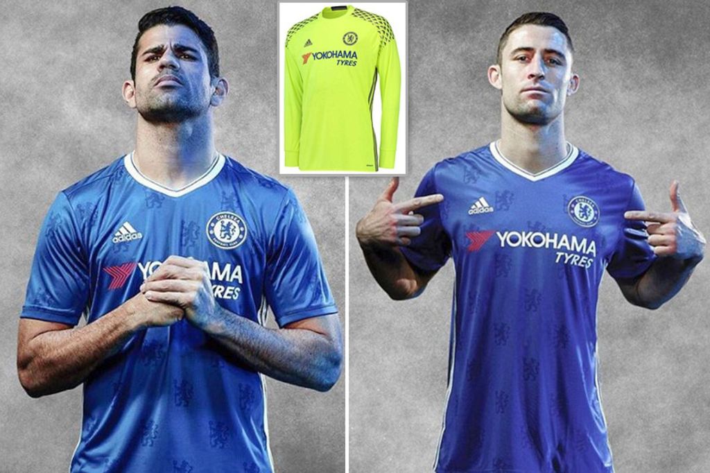 Diego Costa and Gary Cahill model next season's strip covered in blue paint