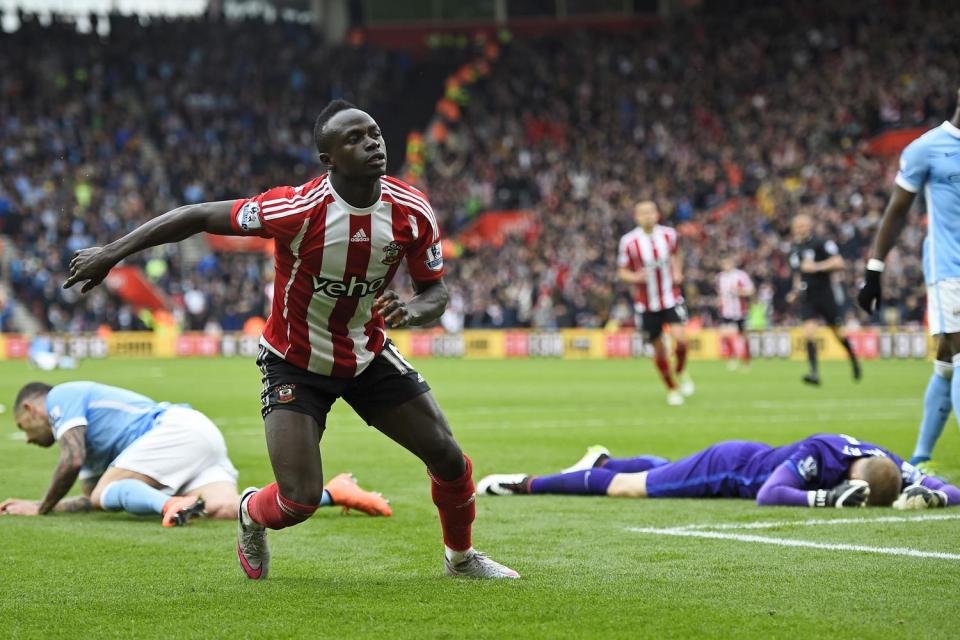  Sadio Mane leaves Manchester City's defence and goalkeeper Joe Hart for dead as the striker scores a hat-trick at St Mary's to increase interest in him