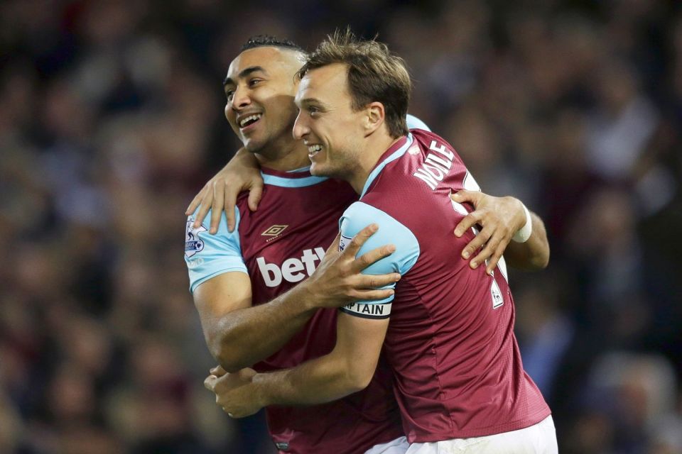  West Ham captain Mark Noble has been at Upton Park his entire career and wass still performing at his peak in the 2015-16 season alongside Dimitri Payet