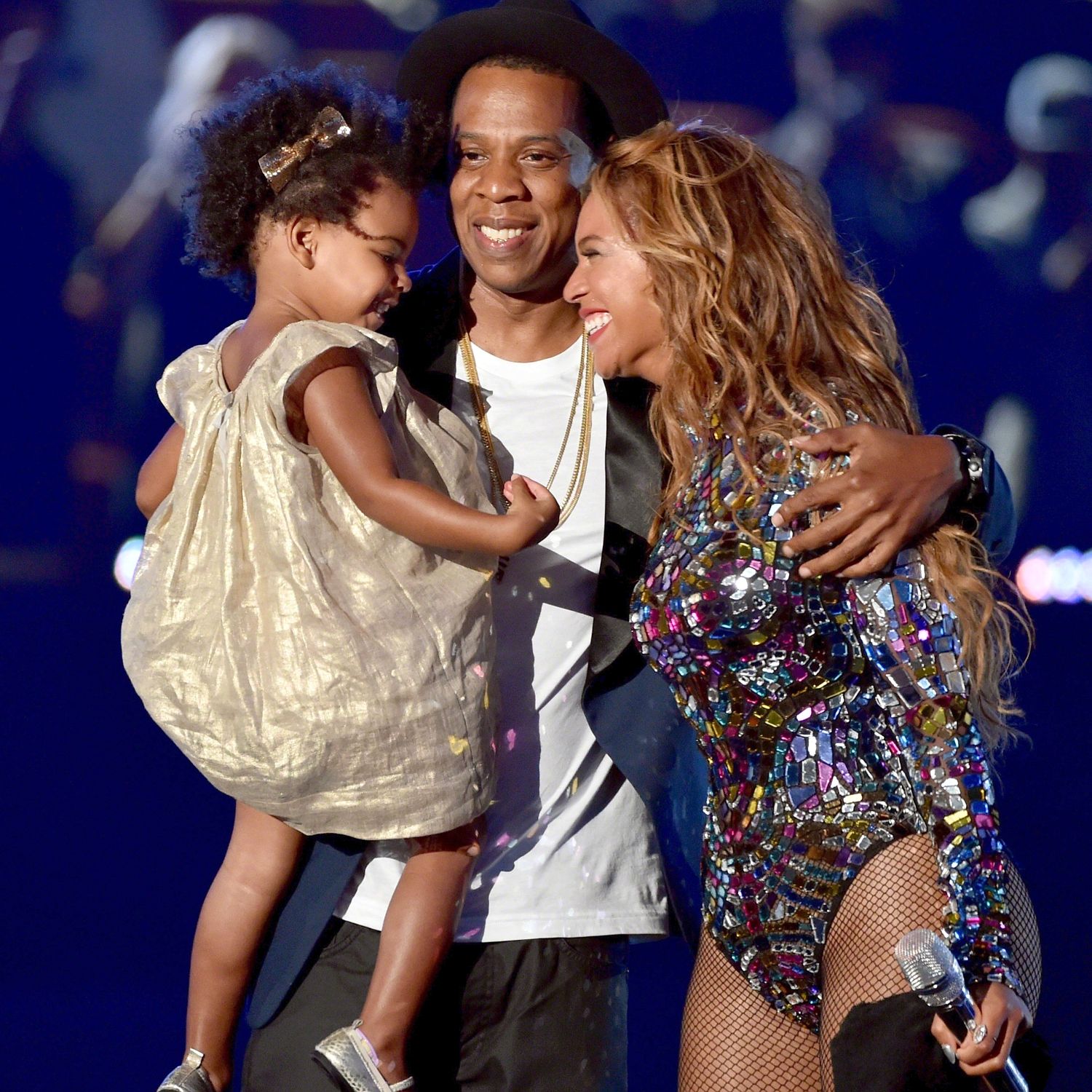 Happier times ... Beyonce and Jay-Z on stage with daughter Blue Ivy at the 2014 VMA awards