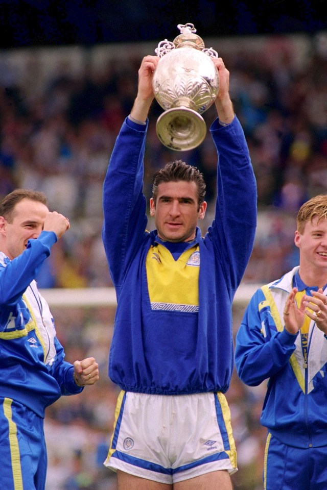 Eric Cantona celebrates winning the old First Division with Leeds in 1992