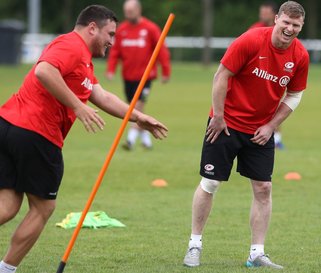  Chris Ashton jokes in Saracens training with England hooker Jamie George