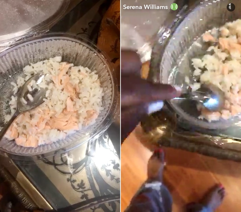  Serena tucks into the salmon and rice dish meant for Chip