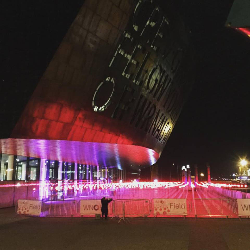 The 'sea of poppies' war memorial outside the Wales Millennium Centre in Cardiff were vandalised on Saturday night