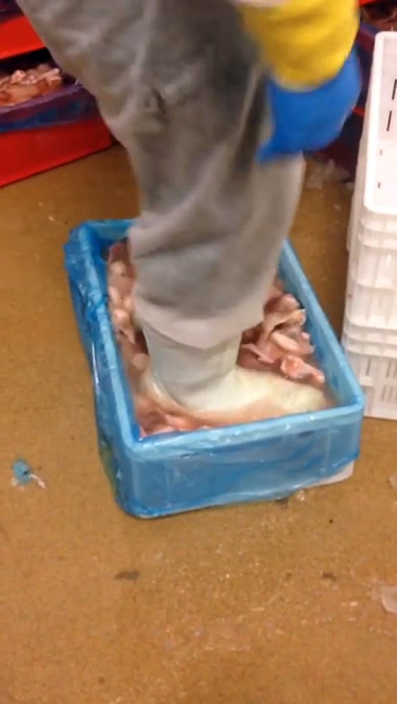 He says in the video: 'Working on defrosting chicken in Poland.'