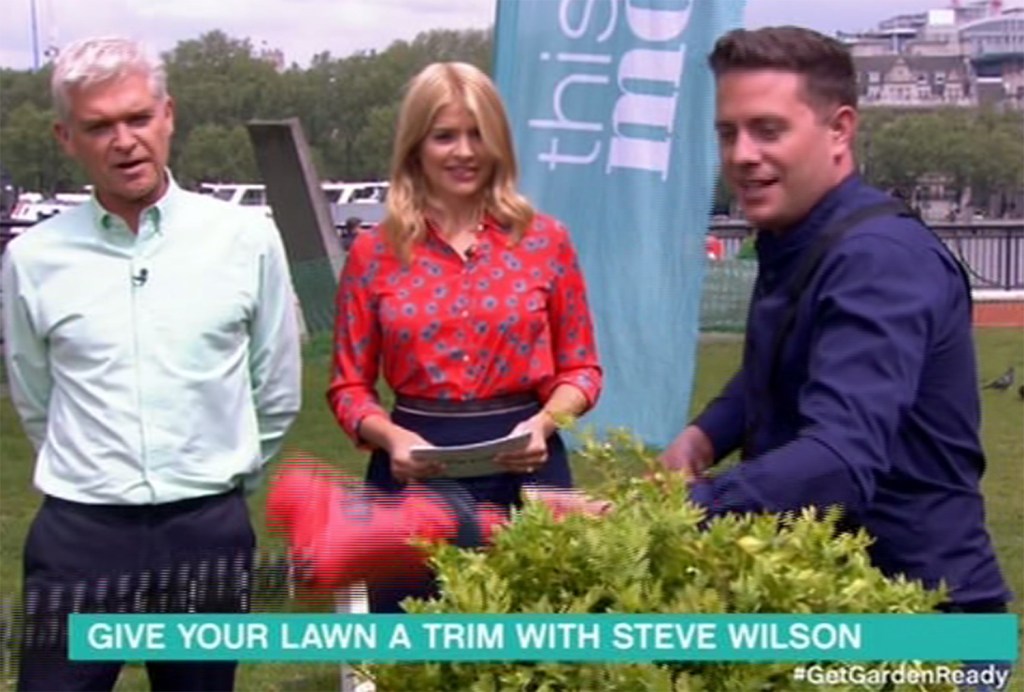  The co-hosts look on as Steve gets to grips with a trimmer