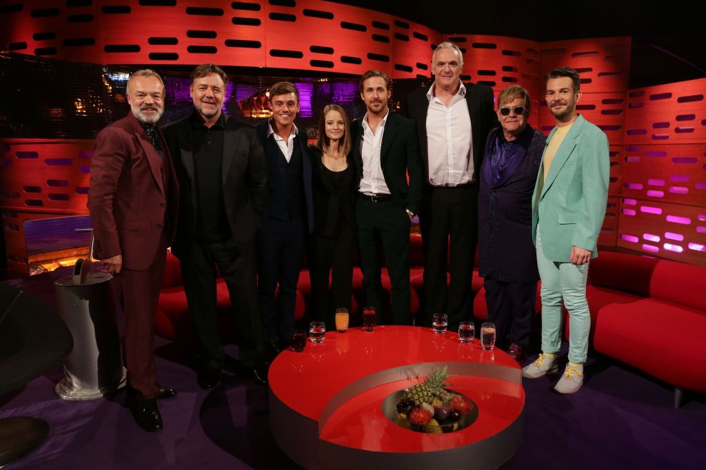 Glittering guests ... Graham Norton, Russell Crowe, Tom Daley, Jodie Foster, Ryan Gosling, Greg Davies, Sir Elton John and Rod Thomas, also known as Bright Light Bright Light, during the filming of the Graham Norton Show