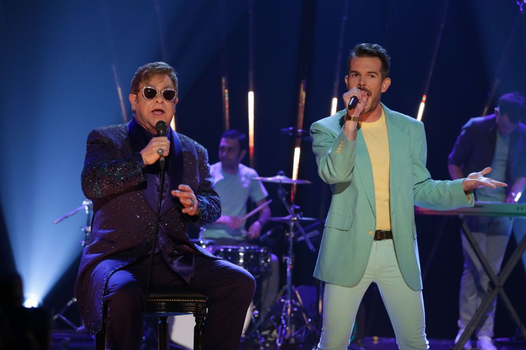 On stage ... Sir Elton John and Bright Light Bright Light, Rod Thomas, performing 