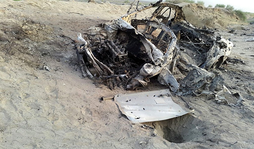 WRECKAGE of a car carrying the Taliban leader Mullah Akhtar Mansour has been pictured for the first time since he was confirmed dead in a targeted drone strike