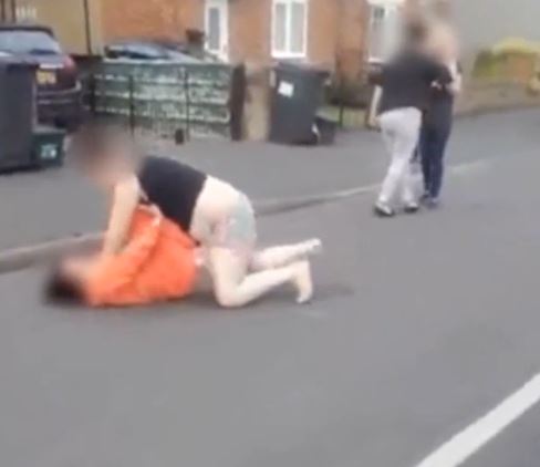  Two other women can be seen facing off, with one appearing to try to stop the fight but getting blocked by the other