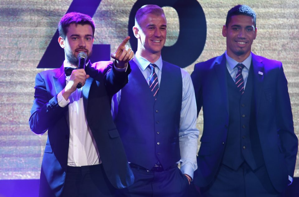 Fame ... Jack Whitehall, Joe Hart and Chris Smalling on stage 