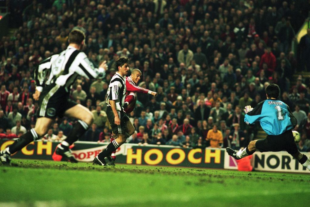  Stan Collymore rifles home the winning, seventh goal of a classic at Anfield between Liverpool and Newcastle