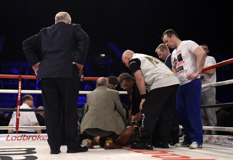  Nick Blackwell receives medical attention after battle with Chris Eubank Jnr