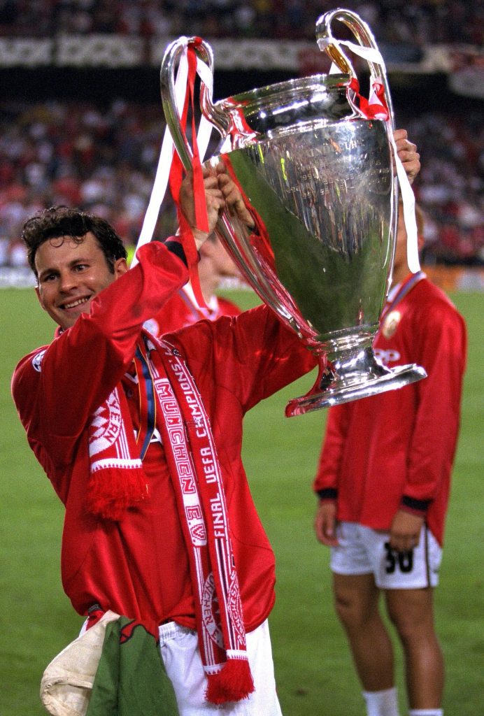  Ryan Giggs celebrates with the European Cup after the UEFA Champions League final between Bayern Munich and Manchester United at the Nou Camp in 1999 when the Red Devils grabbed a sensational victory with two late goals